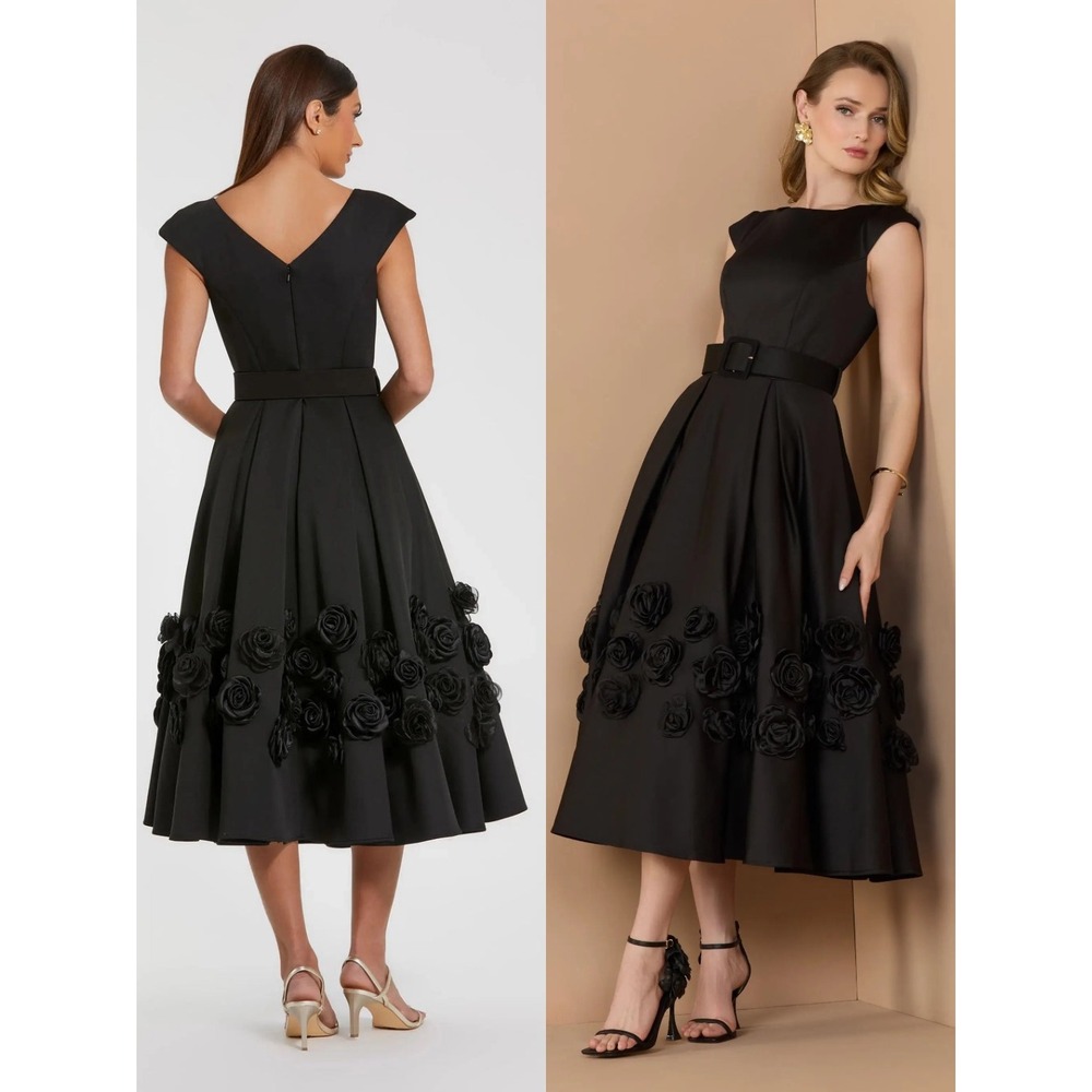 Mac Duggal Black Satin Cap Sleeve Midi Dress With 3D Flowers $998 - Size 12